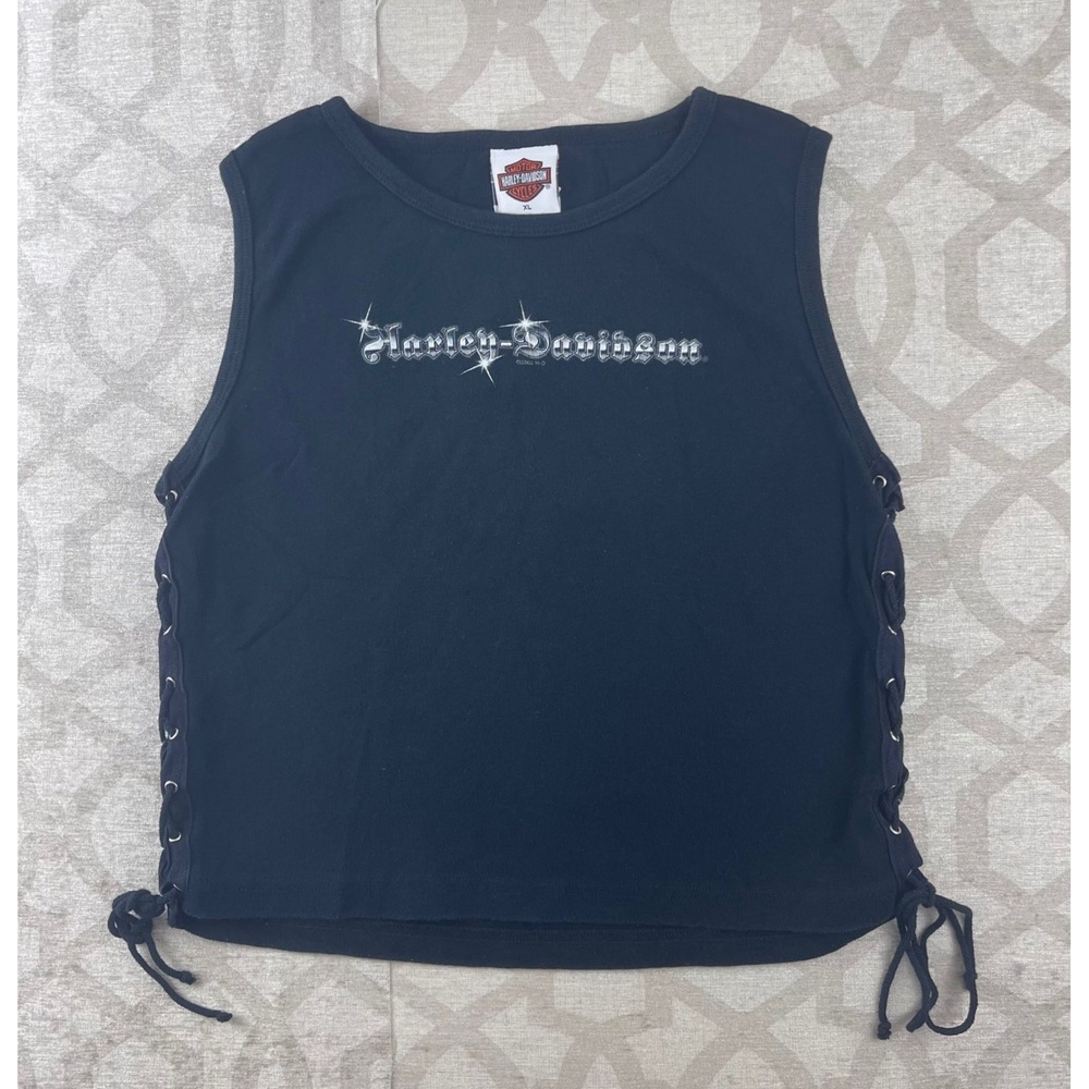 Vintage Harley-Davidson 2002 Boston MA Lace Up Side Tank Top Black Silver XL